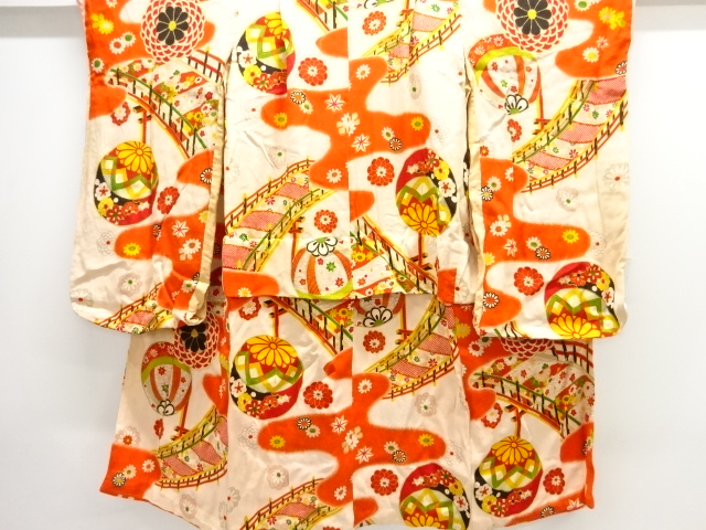 JAPANESE KIMONO / ANTIQUE KIMONO / SILK / KINSHA / TACHIBANA & FLOWERS & MARI BALL